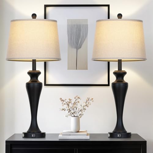 Black 30-Inch Modern Table Lamps Set of 2 with Touch Control & USB Ports