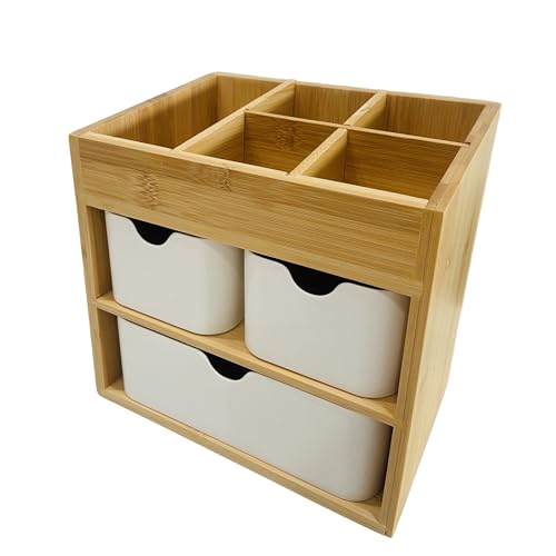 Bamboo Makeup Organizer Jewelry Box, Bamboo Desk organizer with 3 drawers and adjustable dividers, 3 Tier Jewelry Storage Case, Desktop Organization Storage
