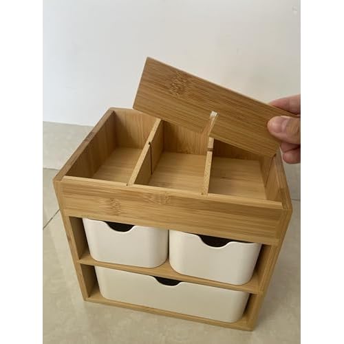 Bamboo Makeup Organizer Jewelry Box, Bamboo Desk organizer with 3 drawers and adjustable dividers, 3 Tier Jewelry Storage Case, Desktop Organization Storage