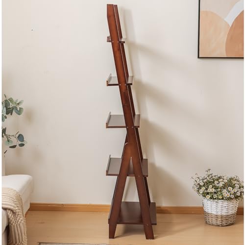 5-Tier Bamboo Ladder Shelf Bookcase - Walnut Finish, Free Standing Storage Organizer