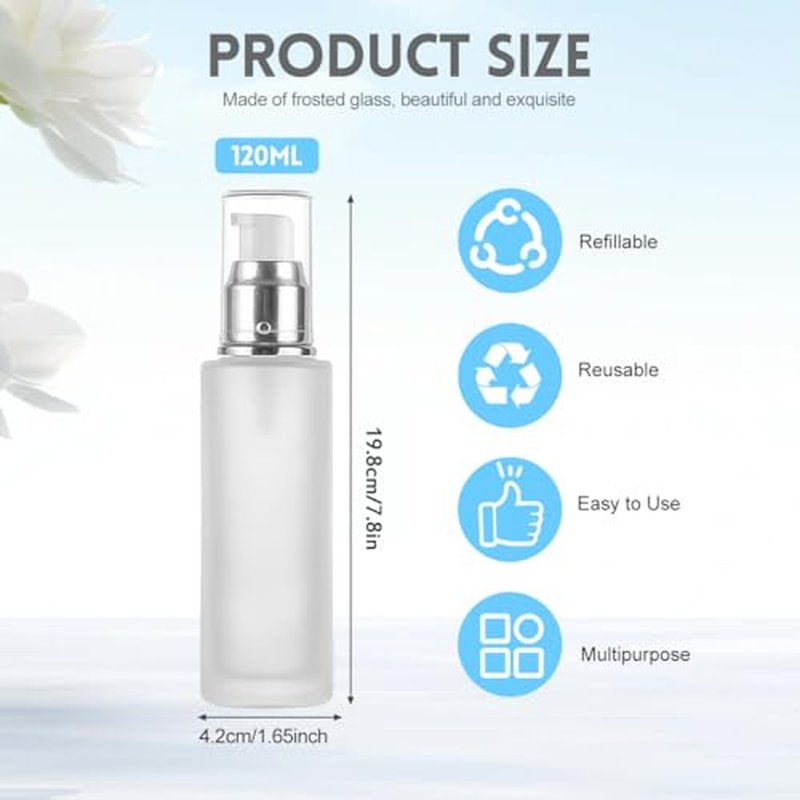 2 Pcs Frosted Glass Lotion Bottles with Pump Dispenser - 120ml/4oz, Ideal for Cosmetic Creams, Makeup, Essential Oils