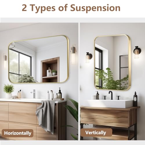 22x30 Inch Gold Bathroom Mirror - Brushed Brass Metal Frame, Rectangular with Rounded Corners, Vertical/Horizontal, Variation of THIS listing