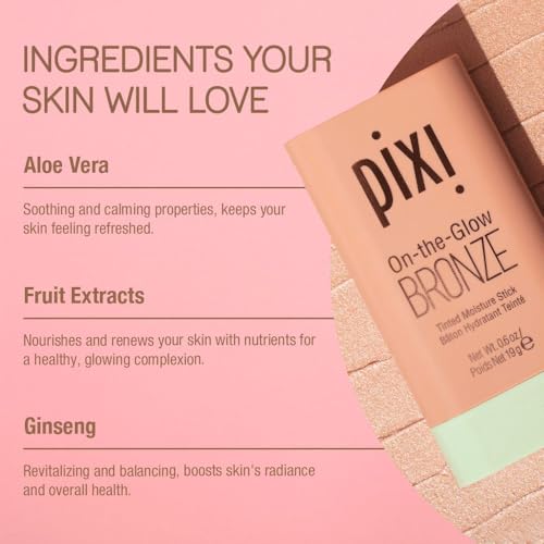 Pixi On-the-Glow Bronze - SoftGlow, Hydrating Tinted Moisture Bronzer Stick with Ginseng, Aloe Vera & Fruit Extracts, For Cheeks & Lips, 19g / 0.6oz, Paraben-Free