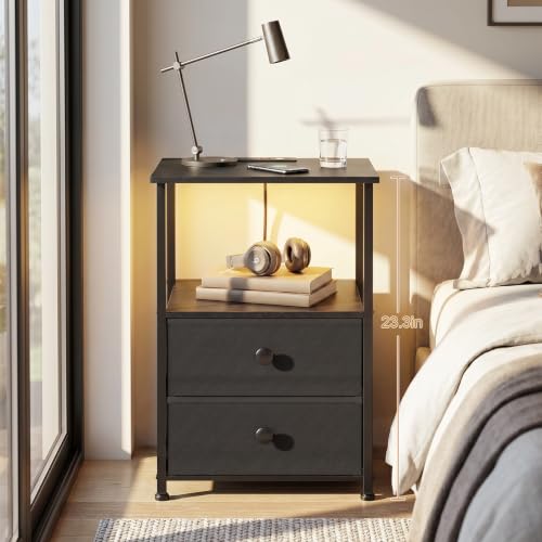Set of 2 Nightstands with LED RGB Lights and Charging Stations - Black Variation