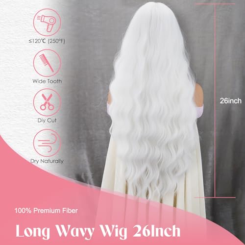 MERISIHAIR Long White Wavy Wig with Bangs 26 Inches Natural Looking Synthetic Heat Resistant Hair Wigs for Women Daily Party Cosplay Wigs