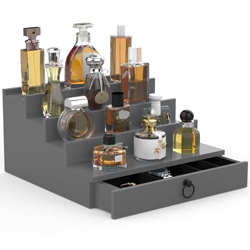 Cologne Organizer for Men, 4 Tier Black Wood Perfume Organizer with Felt Lining Drawer and Hidden Compartment, Perfume Display Holder, A Gift for Men