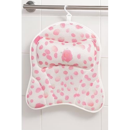 Luxury Bath Pillow for Tub. Air Mesh Fabric, Quick-Dry with Hanging Loop, Head & Neck Support, Gift-Boxed Rose-Petal Design for Women, Mom, Wife, Girlfriend (Pink Rose Petals)