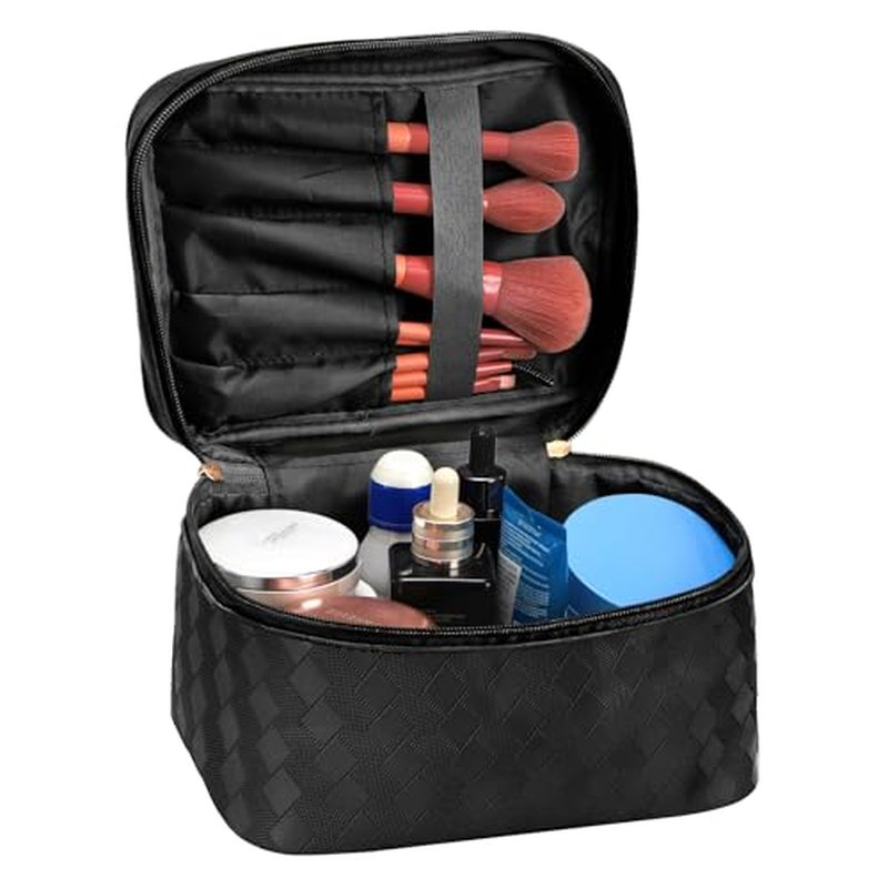 Hedume Set of 4 Makeup Bags, Black Leather Portable Travel Cosmetic Bag, Waterproof Cosmetic Bag Set, Multifunction Organizer Storage Bag for Makeup, Toiletries, Brushes and Accessories