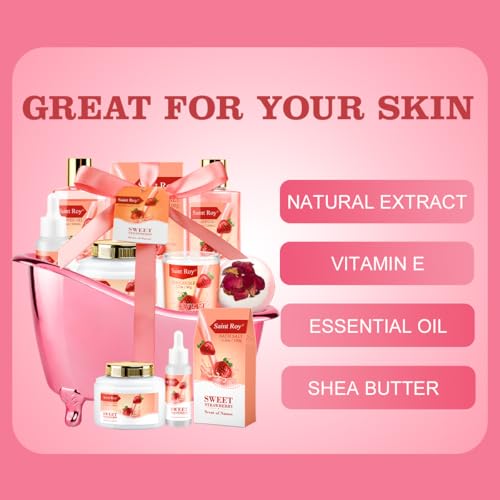 Strawberry Spa Gift Basket Set for Women - Bath & Body Care Kit