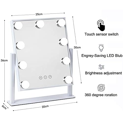 Lights Vanity Mirror, 14.5" L x 12" W LED Makeup Mirror with 9 LED Lights,3 Modes Light Modes&Touch Control Dimmable Tabletop Makeup Mirror,Detachable 10X Magnification,360¡ÆRotation (White)
