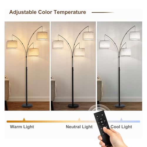 3 Light Arc Floor Lamp with Remote Control - Beige Shade & Black Pole, Adjustable & Dimmable