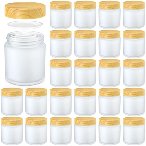 Norme 24 Pcs 4oz Glass Jars with Lids Empty Small Glass Containers and Inner Liners Reusable Cosmetic Jars Round Airtight Bottles with Plastic Woodgrain Lids(Frosted Style,Translucent)