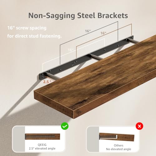 QEEIG Long Floating Wall Shelves Set of 2 - 39.4 Inch Brown MDF Shelves