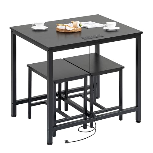 Finnhomy Black 3-Piece Dining Table Set with LED Lights & USB Power Outlets
