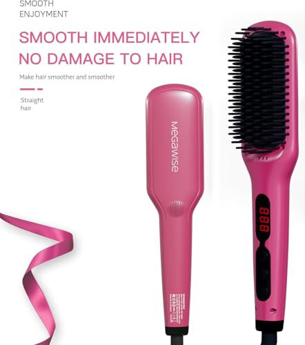 MEGAWISE Rose Red Ceramic Ionic Hair Straightener Brush - Fast Heating, Anti-Scald