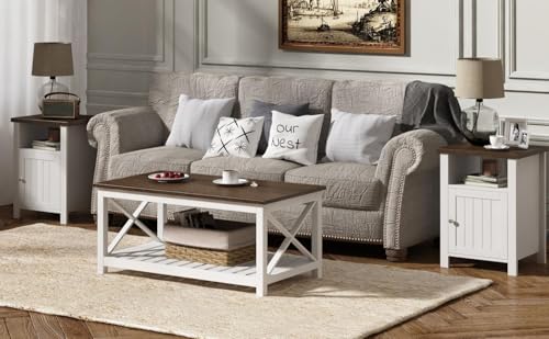 White Farmhouse Nightstands with Storage - Vintage Rustic End Tables