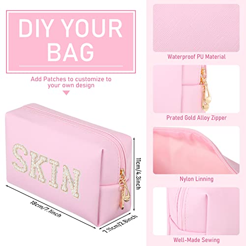 Gerrii 6 Pcs Preppy Patch Makeup Bag PU Leather Cosmetic Pouch Waterproof Cosmetic Pouch with Zipper Portable Travel Toiletry Organizer Bag Makeup Case Gift for Women Friends(Pink)