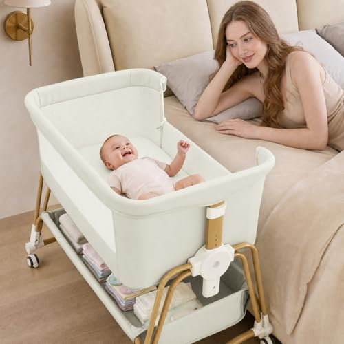 Suihuooo 4-in-1 Baby Bassinet with Mosquito Net - Cream White Portable Bedside Sleeper & Travel Cradle