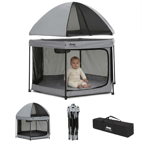 Delta Children Jeep Hexagon Pop Up Play Yard with Removable Canopy - Grey, Indoor & Outdoor Baby Playpen
