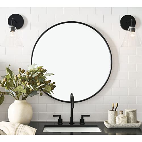 Black 32 Inch Round Mirror - Wall Mount Bathroom Vanity Entryway Living Room