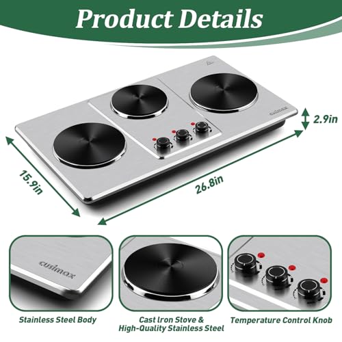 Silver Triple Burner Hot Plate - Countertop Electric Cooktop with 7" Cast Iron Surface