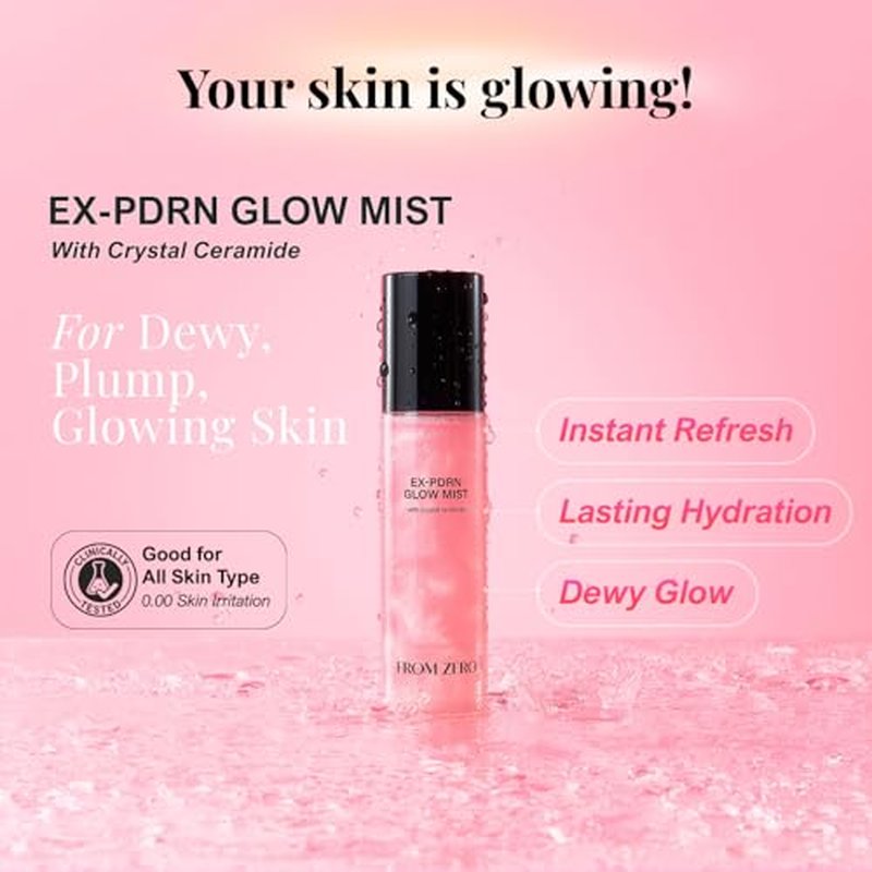 FROM ZERO EX-PDRN Glow Mist, Pink Ceramide Toner Spray, Rose Scent, Light-weight Hydration, Moisturizing, Broccoli PDRN, Jinseng Exosomes, Vegan Collagen, Niacinamide, Gift for Girlfriend, 3.38 fl.oz.