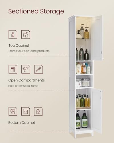 VASAGLE Tall Storage Cabinet with Lights, Slim 11.8x11.8x66.9 in Cloud White - Adjustable Shelves & Door-Activated Lighting