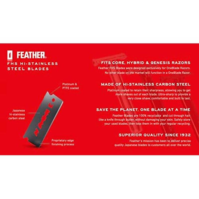 60 Feather FHS-10 Japanese Steel Razor Blades - Refill for OneBlade Core, Hybrid, & Genesis Razors - Single Blade Razor