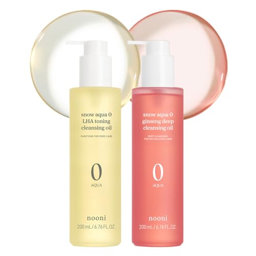 NOONI Korean Cleansing Oil DUO - Snow Aqua 0 LHA Toning Pore Care Korean Facial Oil Cleanser, 6.76 fl.oz + Snow Aqua 0 Ginseng Deep Cleansing Oil, 6.76 fl.oz (200 ml) Bundle