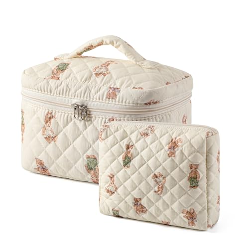 Large Floral Quilted Makeup Bag Set for Women - White Bear Variation
