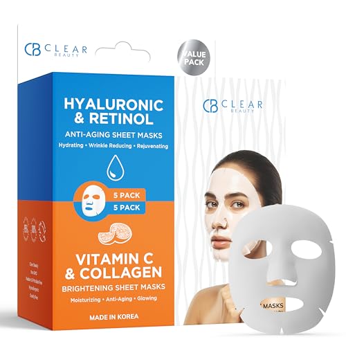 Clear Beauty Hyaluronic & Retinol + Vitamin C Collagen Face Mask Duo ? Hydrating, Firming & Revitalizing For Dull Or Aging Skin ? Dermatologist Tested, Korean Skin Care, Clean Beauty ? 10 Sheets