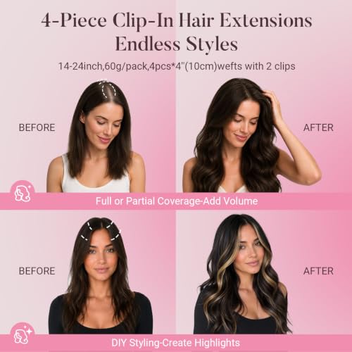MAXITA Clip-In Hair Extensions 16 Inch 60g Real Human Hair Balayage Dark Brown Mix - 4PCS