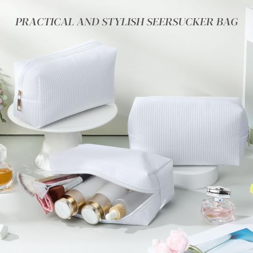 White Seersucker Cosmetic Bags Set of 6 - Striped Zippered Travel & Makeup Pouches - Sanwuta