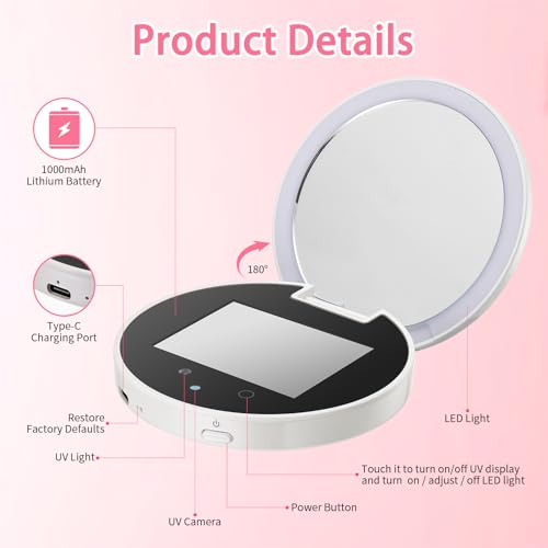 DESCHEN Rechargeable Travel Compact Smart UV Camera UV Mirror for Sunscreen Test, 2X Makeup Mirror with Lights and Magnification, 3.7 Inch Portable Purse Pocket LED, Skin Sun Protection