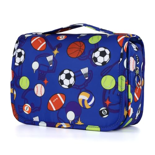 Kids Hanging Toiletry Bag for Boys - Blue Soccer Balls Travel Organizer Waterproof