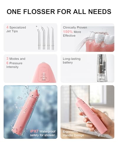 Cordless Water Flosser Pink - 3 Modes, 6 Pressure Settings, 220ml Portable Oral Irrigator