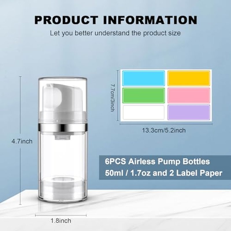 Cosywell Airless Pump Bottles 1.7oz/50ml 6 Pack Pump Bottle Dispenser Empty Moisturizer Airless Pump Jars Cosmetic Pump Container Travel Pump Bottles for Shampoo Lotion Cream(Clear)