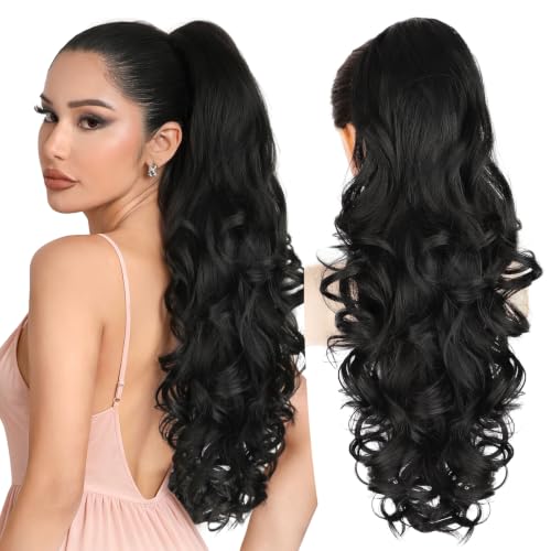 ALXNAN 24 Inch Curly Wavy Ponytail Extension Black | Clip-In Hair Extension