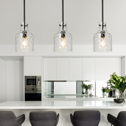 Black Hammered Glass Pendant Light Fixture for Kitchen Island - 7 Inch Modern Farmhouse Lighting - Variation of Black-Hammered Glass / 1-Light