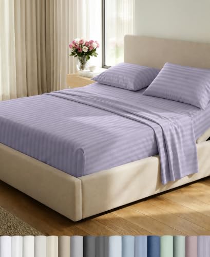 Lavender Striped 16-Piece Split King Cotton Sateen Bed Sheets Set