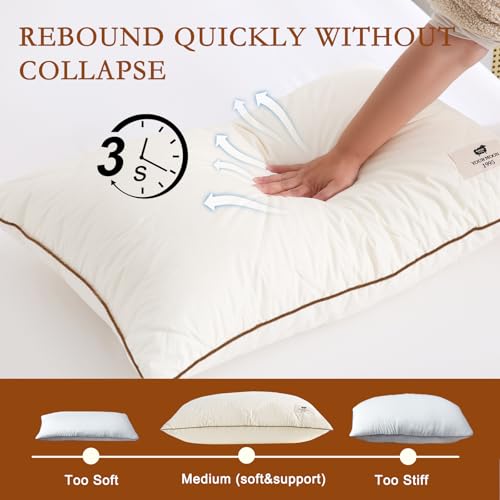Natural Wool Pillow Set of 2 - Off White, Standard Size, Support Gusseted Bed Pillows for Side Sleepers
