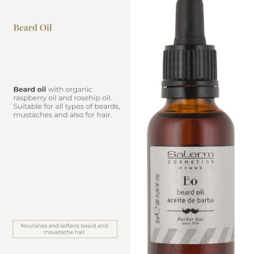 SALERM - Beard Oil for Men - Homme Barber Line - 30 ml - with Organic Raspberry Oil and Rosehip - for Beard, Mustache, and Hair - Nourishes and Softens Beard Hair