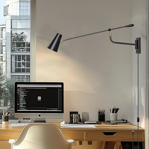 Matte Black Adjustable Wall Lamp Swing Arm Wall Sconce with White Shade and Gold Accents