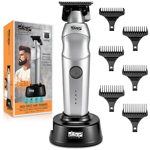 DSP Professional Hair Trimmer for Men, Beard Mustache Cordless Trimmer, Indicator Light with Charge Base, Zinc Alloy Body, Low Noise, Zero Gapped Edgers Trimmer (Silver)