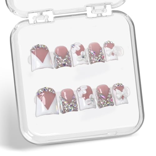 Handmade Press on Nails Rhinestone French Tip Fake Nails Muti-Layer Gel Short Duck False Nail with Luxury 3D White Flower Bow Design Full Cover Thicked Acrylic Nail Stick on Nail for Women (S)