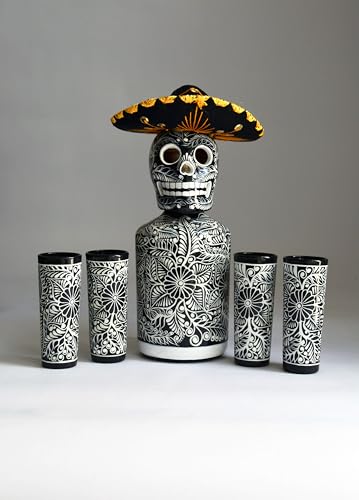 Black Tequila Decanter Set with Skull Shot Glasses and Mexican Sombrero - Hand-Painted Bar Decor