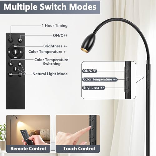 Matte Black Adjustable LED Floor Lamp - 72-Inch Dimmable Gooseneck with Remote