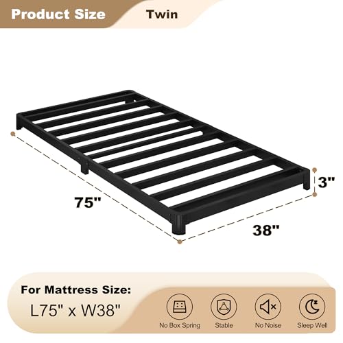 Likelalaso Twin Bed Frame 3 Inch Low Profile with Rounded Corners, No Box Spring