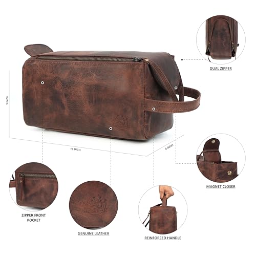 Dark Brown Full Grain Leather Men’s Travel Toiletry Bag with Dual Compartments