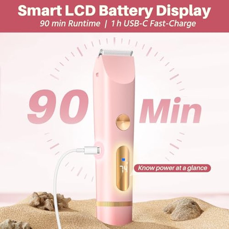2025 Upgraded Bikini Trimmer for Women, Dual-Head Shaver with LCD Display, Ceramic-Blade Pubic Hair Trimmer, IPX7 Waterproof Wet & Dry Shower Shaver, Travel-Ready Gift Pouch (Light Pink)